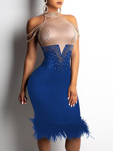 Off Shoulder Feather Hem Rhinestone Color Block Sleeveless