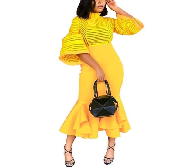 Irregular Hem Plain Flare Sleeve Maxi Dress