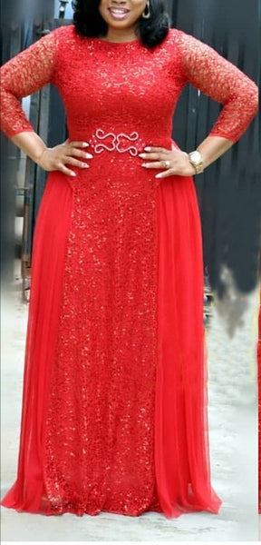 Lace Sequin Round Neck Middle Sleeve Long  Maxi Dress