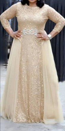 Lace Sequin Round Neck Middle Sleeve Long  Maxi Dress