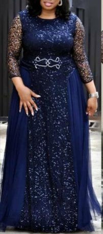 Lace Sequin Round Neck Middle Sleeve Long  Maxi Dress