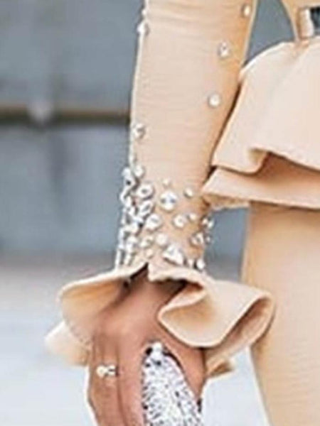 Falbala Ankle-Length Long Sleeve Plain Beaded Maxi Dress