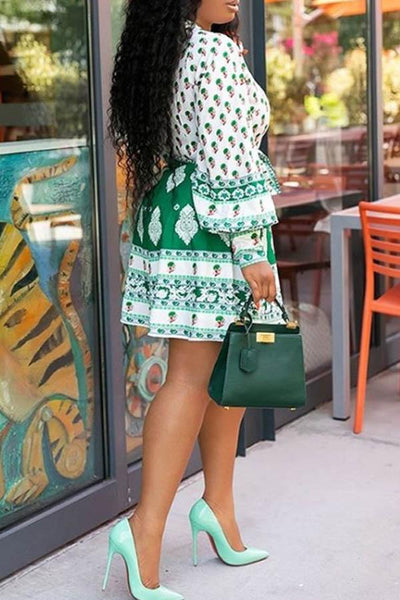 A-Line Above Knee Standard-Waist Lantern Sleeve Color Block Dress