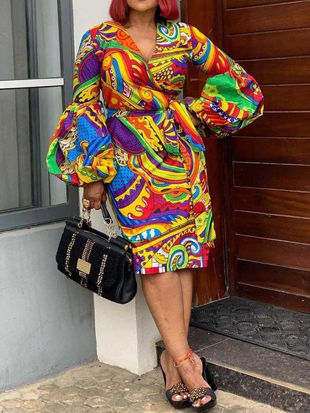 Lantern Sleeves V-Neck Standard-Waist Color Block Midi Dress