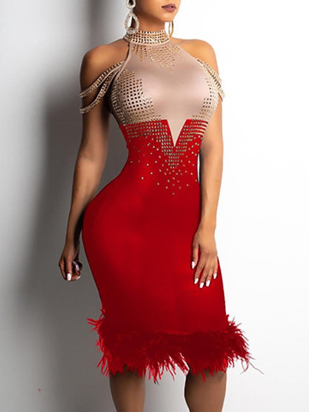 Off Shoulder Feather Hem Rhinestone Color Block Sleeveless