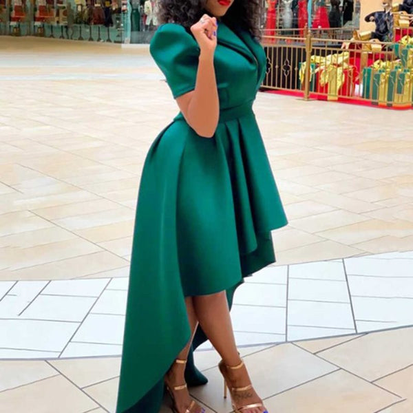 Floor-Length V-Neck High Waist Plain Asymmetric Chic Dress