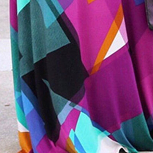 Color Block Print Floor-Length Lace Up V-Neck Maxi Dress