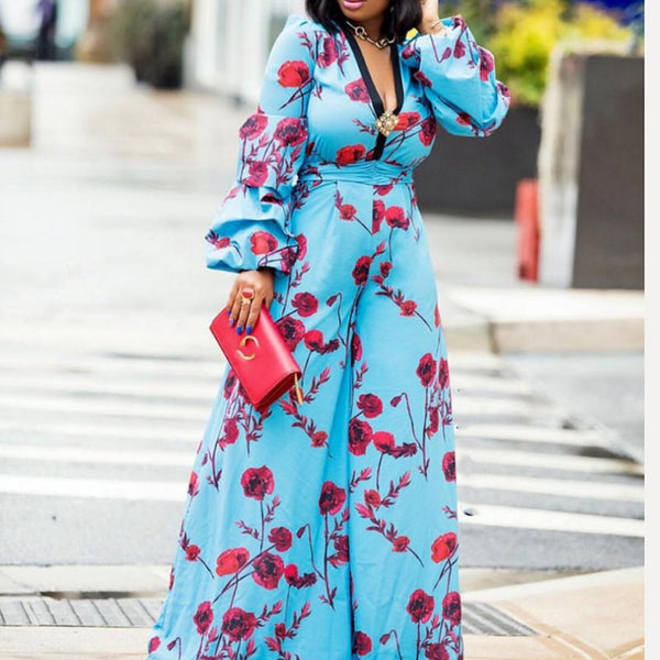 High Waist Full Length Floral Print Slim Wide Legs Jumpsuit
