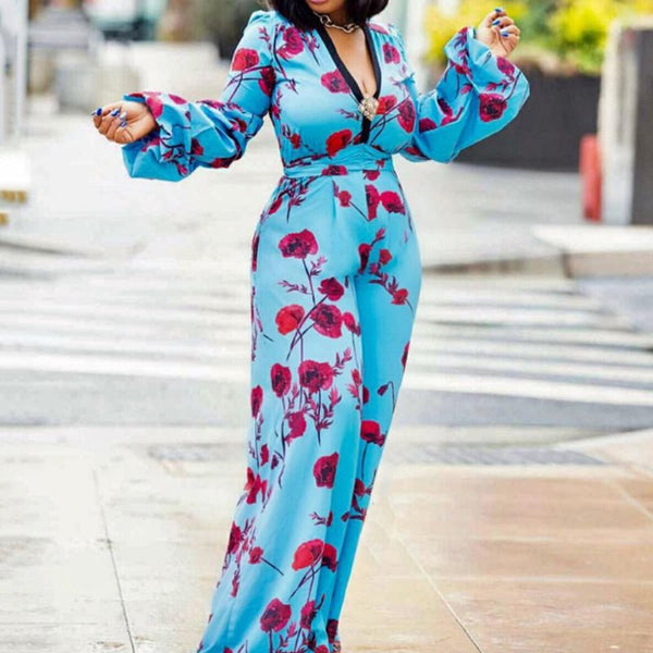 High Waist Full Length Floral Print Slim Wide Legs Jumpsuit