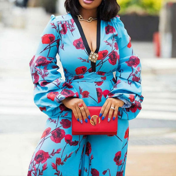 High Waist Full Length Floral Print Slim Wide Legs Jumpsuit