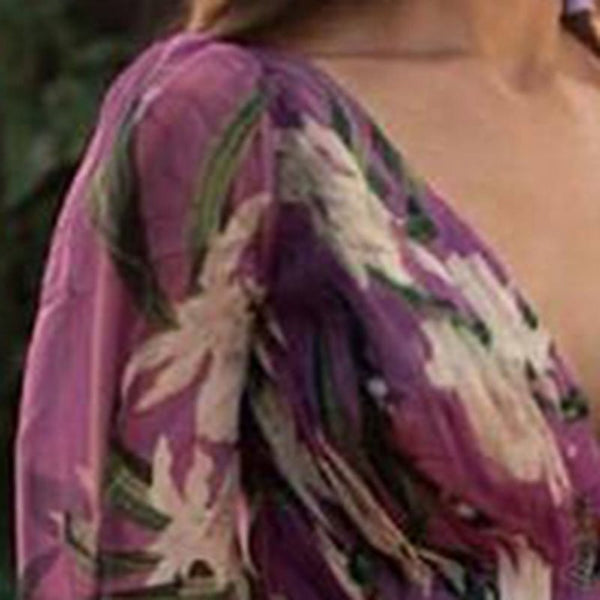 Long Sleeve A-Line Floral Printed V-Neck Pleated Dress