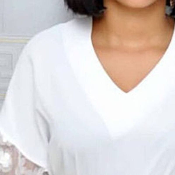 Mid-Calf V-Neck Three-Quarter Sleeve Belted Lace Stripe Dress