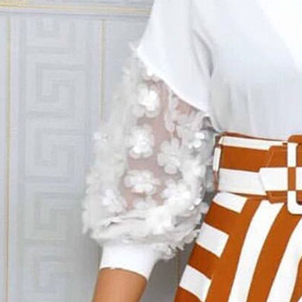 Mid-Calf V-Neck Three-Quarter Sleeve Belted Lace Stripe Dress