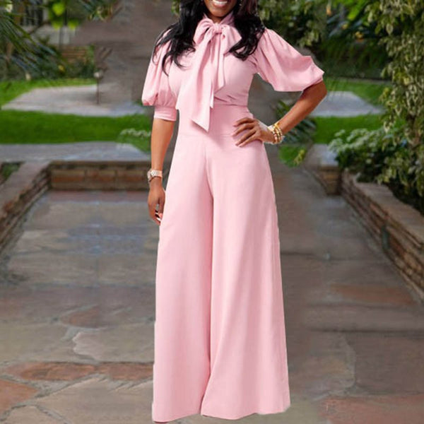 Plain Wide Legs Bow Neck Lantern Sleeve High Waist Jumpsuit