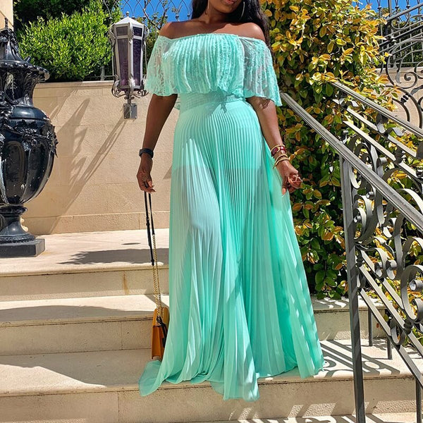 Off Shoulder Pleated Falbala Floor-Length Patchwork Maxi Dress