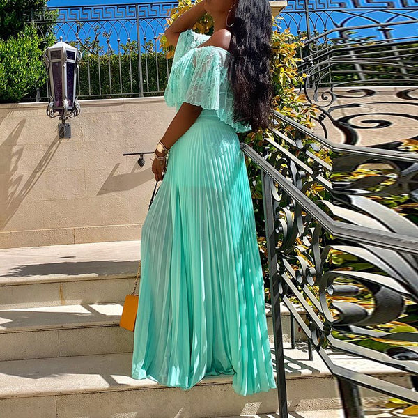 Off Shoulder Pleated Falbala Floor-Length Patchwork Maxi Dress