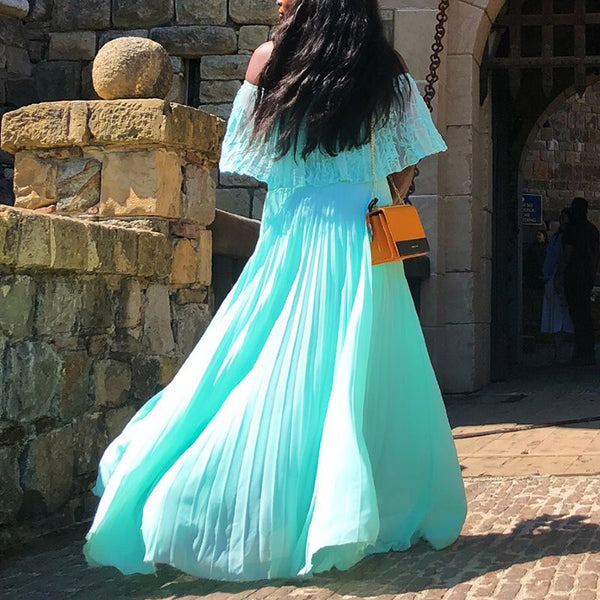 Off Shoulder Pleated Falbala Floor-Length Patchwork Maxi Dress