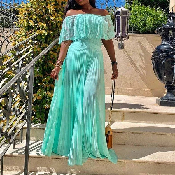 Off Shoulder Pleated Falbala Floor-Length Patchwork Maxi Dress