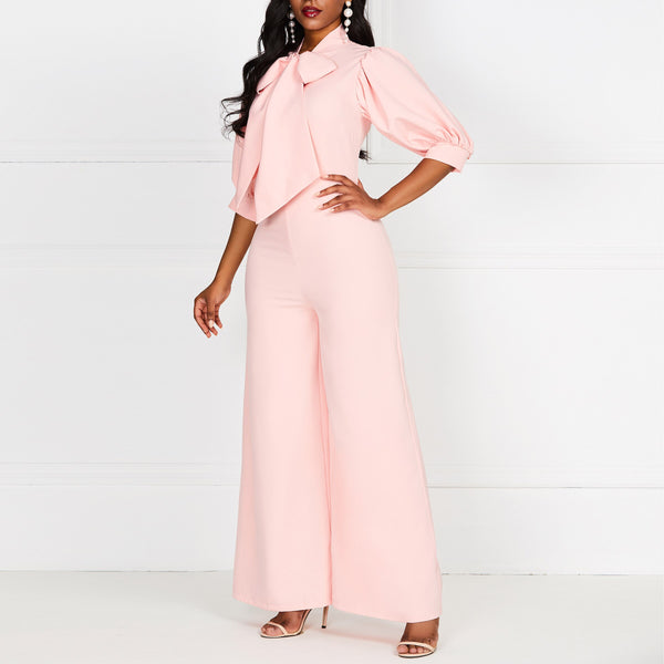 Plain Wide Legs Bow Neck Lantern Sleeve High Waist Jumpsuit