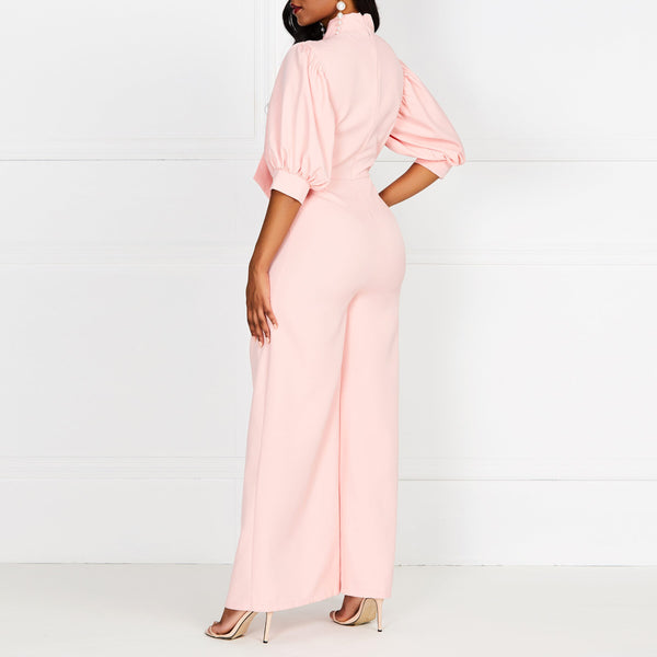 Plain Wide Legs Bow Neck Lantern Sleeve High Waist Jumpsuit