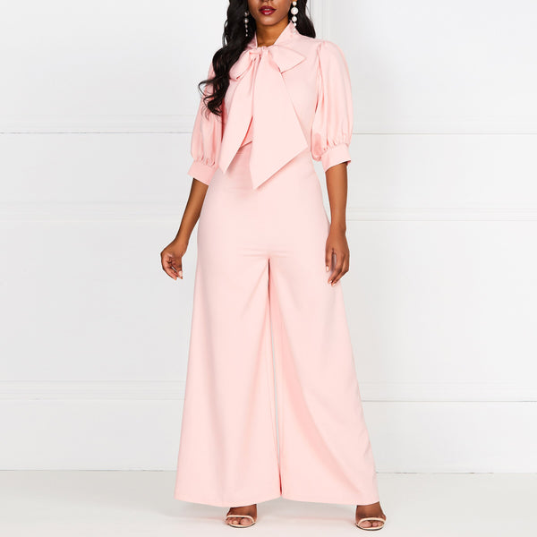 Plain Wide Legs Bow Neck Lantern Sleeve High Waist Jumpsuit