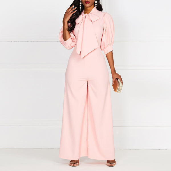 Plain Wide Legs Bow Neck Lantern Sleeve High Waist Jumpsuit