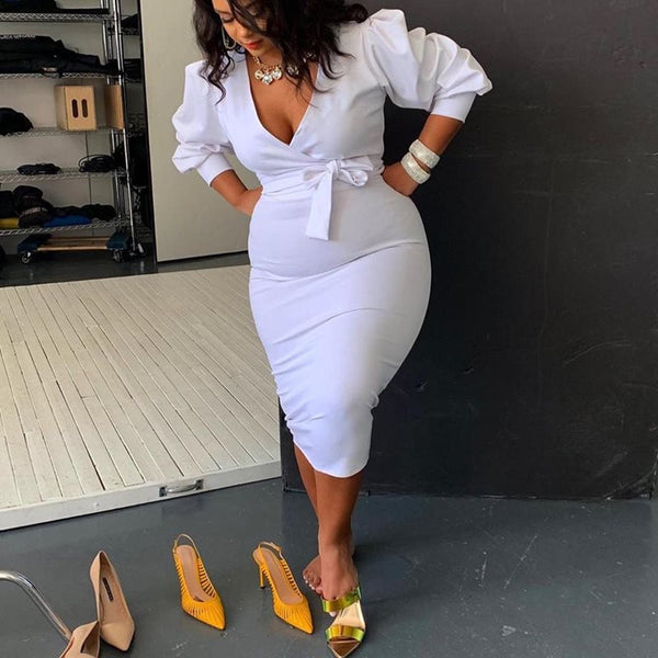Plus Size V-Neck Puff Sleeve Mid-Calf White Bodycon Dress