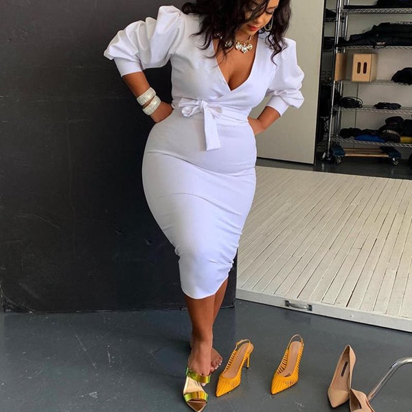 Plus Size V-Neck Puff Sleeve Mid-Calf White Bodycon Dress