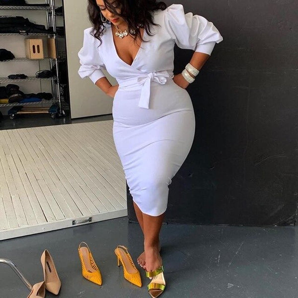 Plus Size V-Neck Puff Sleeve Mid-Calf White Bodycon Dress