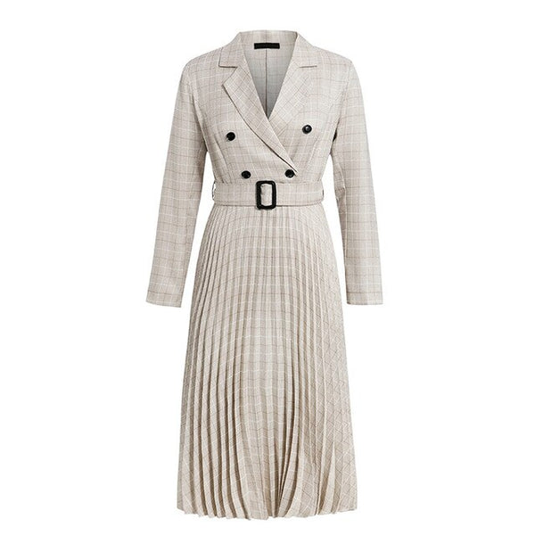 A-Line Button Mid-Calf Notched Blazer Plaid Belt Long Sleeve Midi Dress