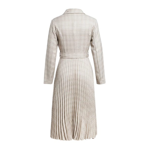 A-Line Button Mid-Calf Notched Blazer Plaid Belt Long Sleeve Midi Dress