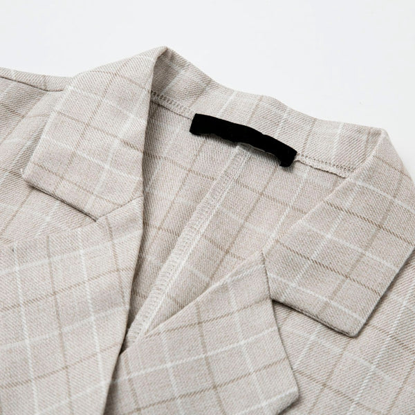 A-Line Button Mid-Calf Notched Blazer Plaid Belt Long Sleeve Midi Dress