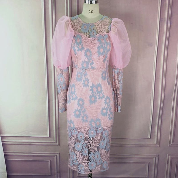 Pink Lace Puff Sleeve Mid-Calf Patchwork Elegant Midi Dress