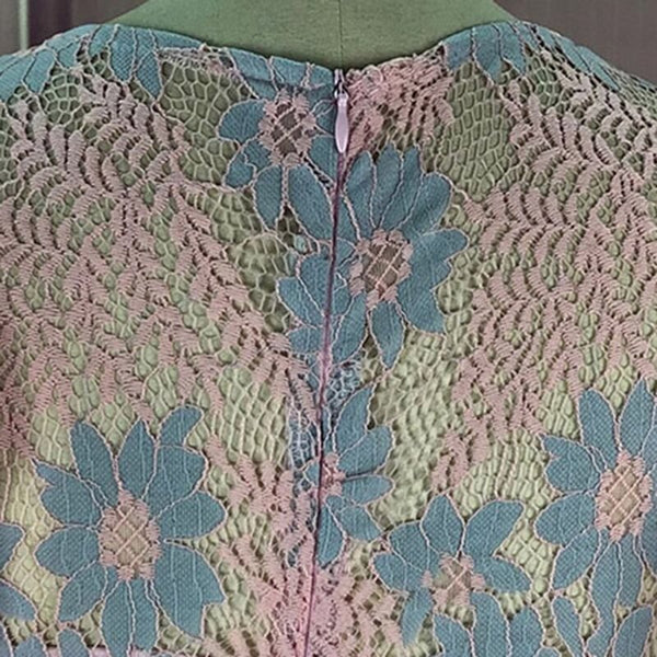 Pink Lace Puff Sleeve Mid-Calf Patchwork Elegant Midi Dress