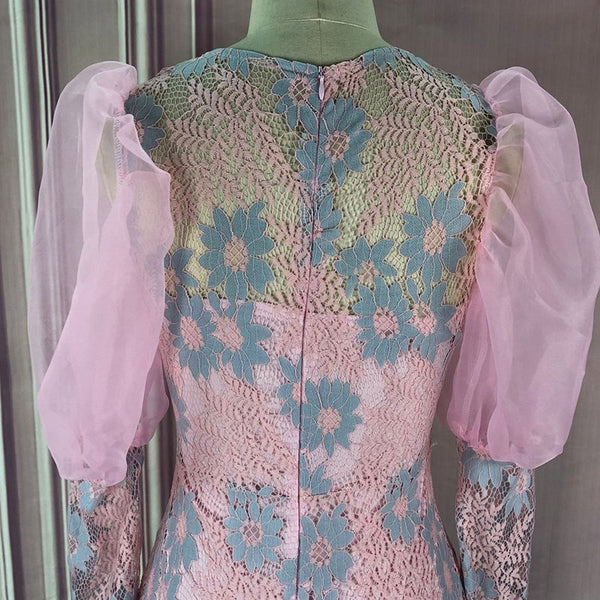 Pink Lace Puff Sleeve Mid-Calf Patchwork Elegant Midi Dress