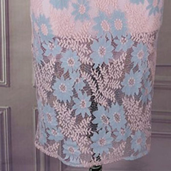 Pink Lace Puff Sleeve Mid-Calf Patchwork Elegant Midi Dress