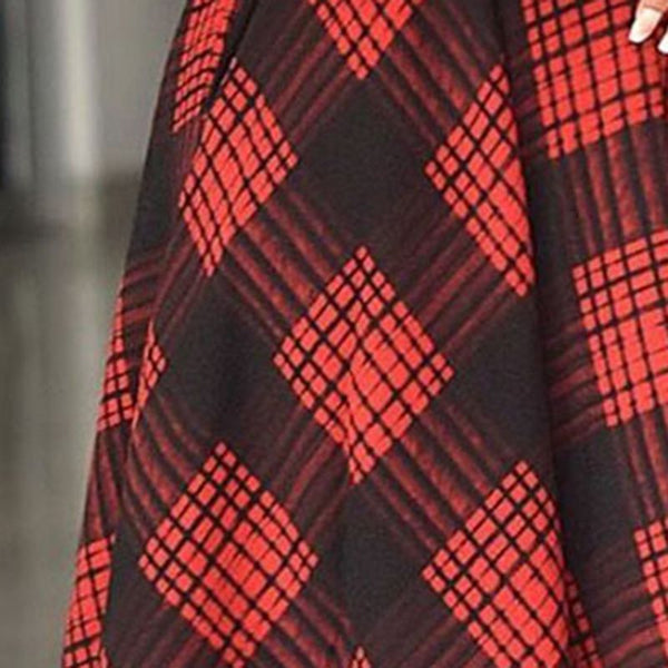 Mid-Calf Short Sleeve V-Neck Plaid Inelastic A-Line Midi Dress