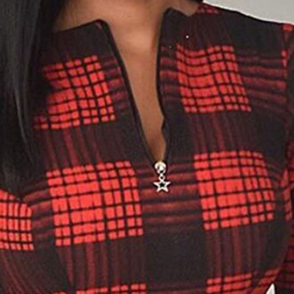 Mid-Calf Short Sleeve V-Neck Plaid Inelastic A-Line Midi Dress