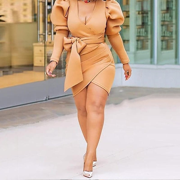 Puff Sleeve V-Neck Elegant High Waist Plain Mini Dress