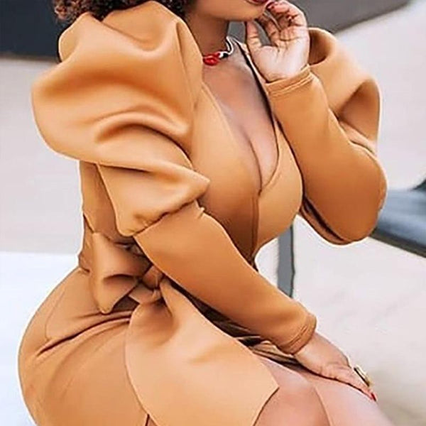 Puff Sleeve V-Neck Elegant High Waist Plain Mini Dress