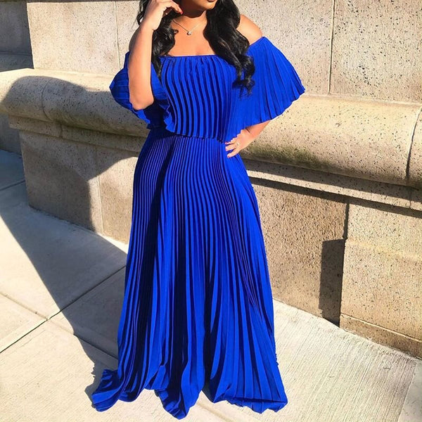 Off Shoulder Pleated Floor-Length Bohemian Women's Dress