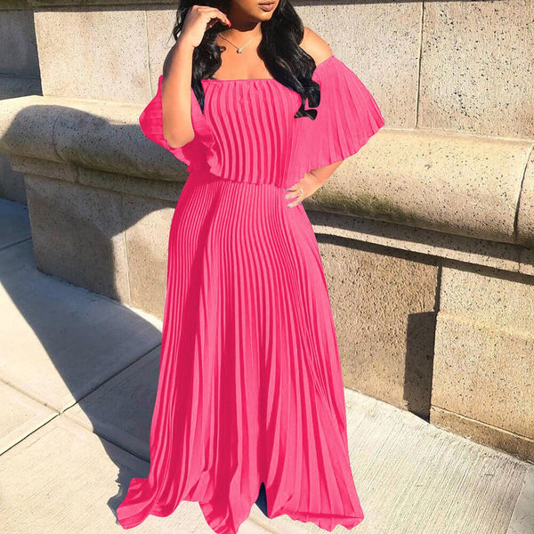 Off Shoulder Pleated Floor-Length Bohemian Women's Dress