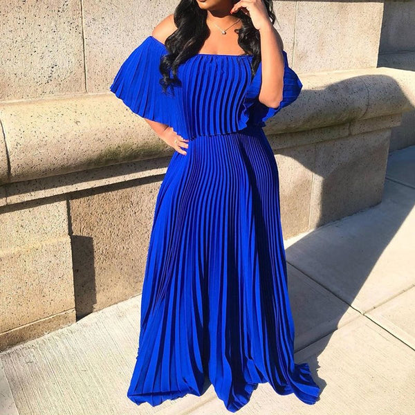 Off Shoulder Pleated Floor-Length Bohemian Women's Dress