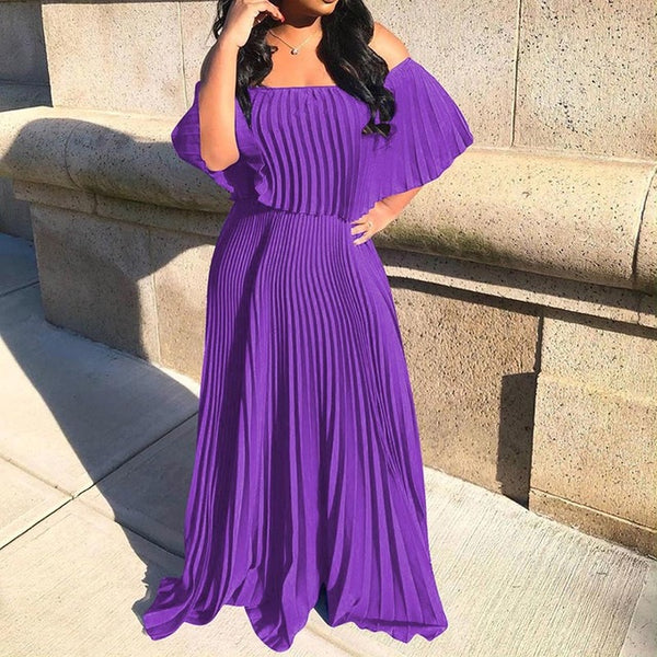 Off Shoulder Pleated Floor-Length Bohemian Women's Dress