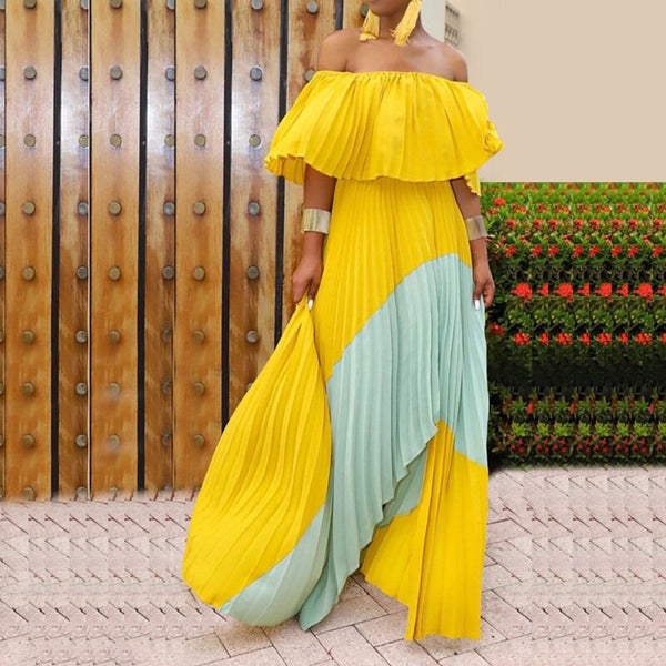 One Shoulder Irregular Pleated Contrast Color Bohemian Dress