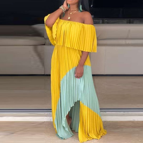 One Shoulder Irregular Pleated Contrast Color Bohemian Dress