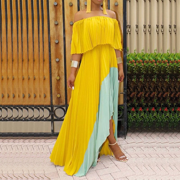One Shoulder Irregular Pleated Contrast Color Bohemian Dress