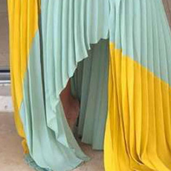 One Shoulder Irregular Pleated Contrast Color Bohemian Dress