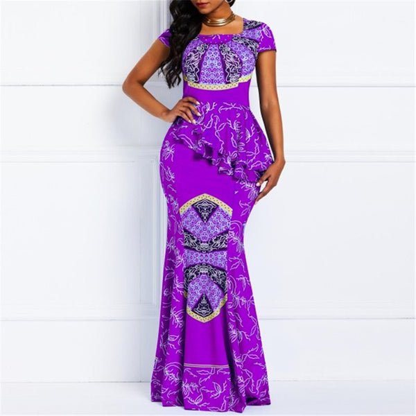 Geometric Mermaid Square Neck Floor-Length High Waist Maxi Dress