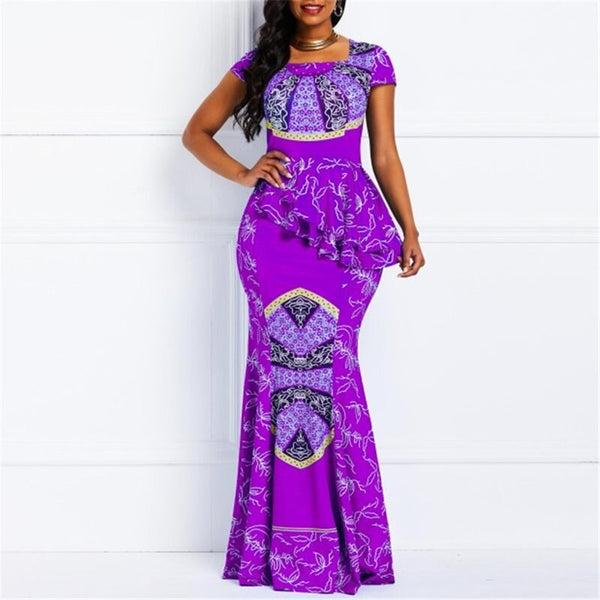 Geometric Mermaid Square Neck Floor-Length High Waist Maxi Dress